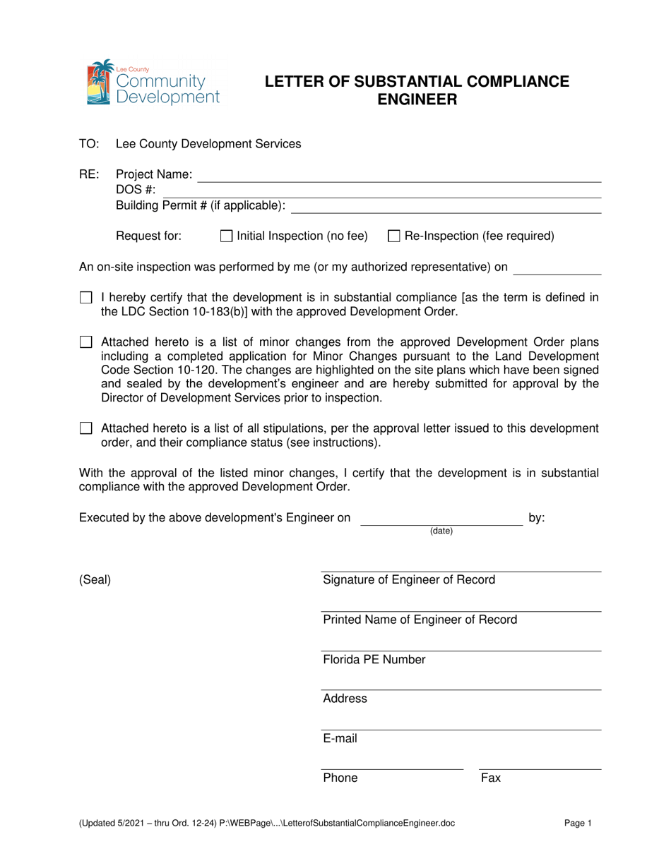 Letter of Substantial Compliance Engineer - Lee County, Florida, Page 1
