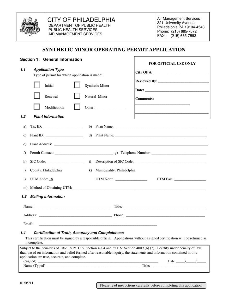City of Philadelphia, Pennsylvania Synthetic Minor Operating Permit Application Download