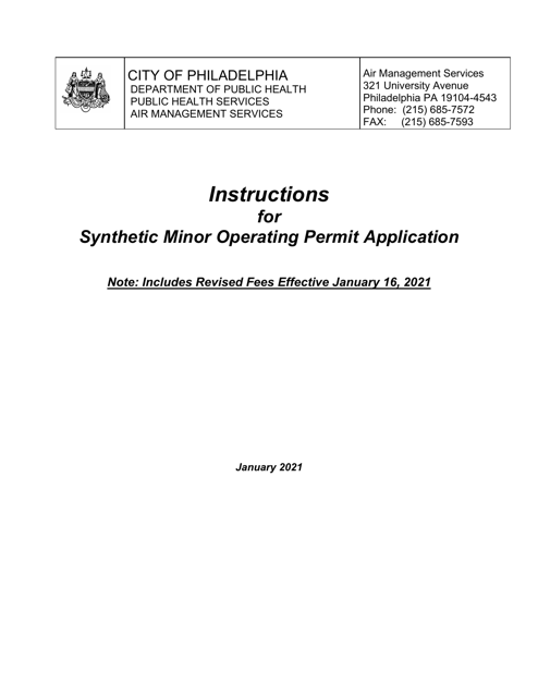 Instructions for Synthetic Minor Operating Permit Application - City of Philadelphia, Pennsylvania