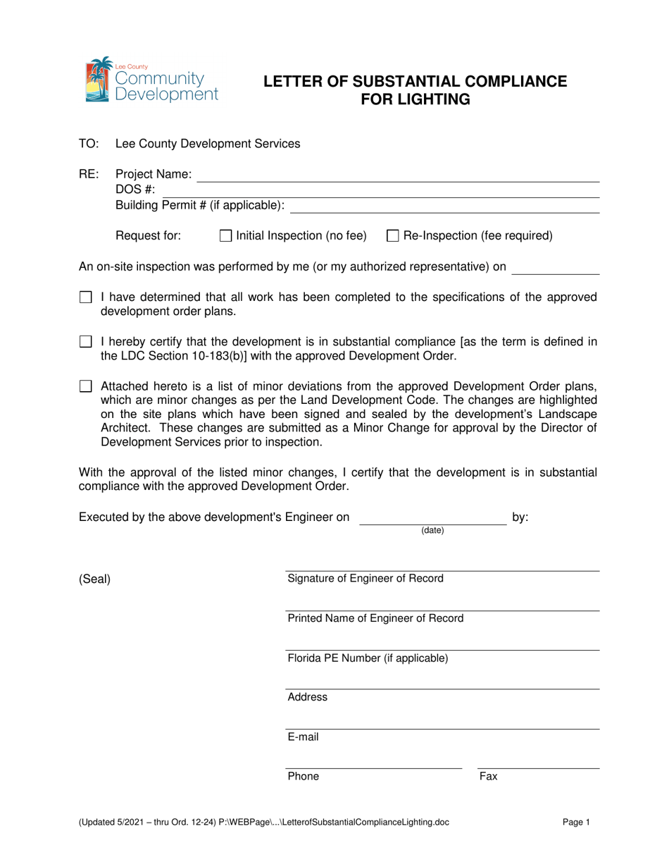 Letter of Substantial Compliance for Lighting - Lee County, Florida, Page 1