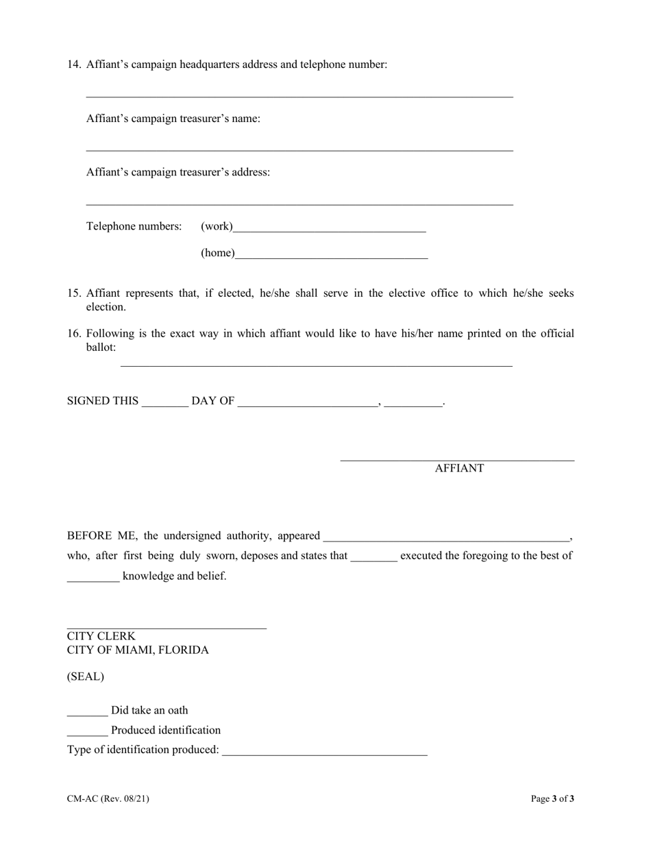 Affidavit of Candidate - City of Miami, Florida, Page 3