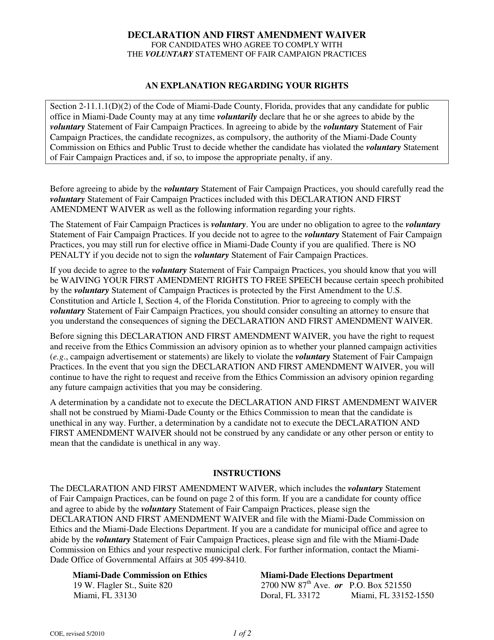 Voluntary Statement of Fair Campaign Practices - Miami-Dade County, Florida Download Pdf