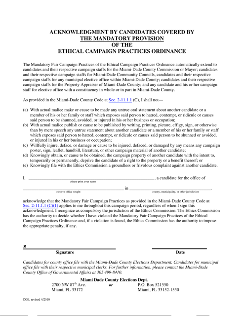 Acknowledgment by Candidates Covered by the Mandatory Provision of the Ethical Campaign Practices Ordinance - City of Miami, Florida Download Pdf