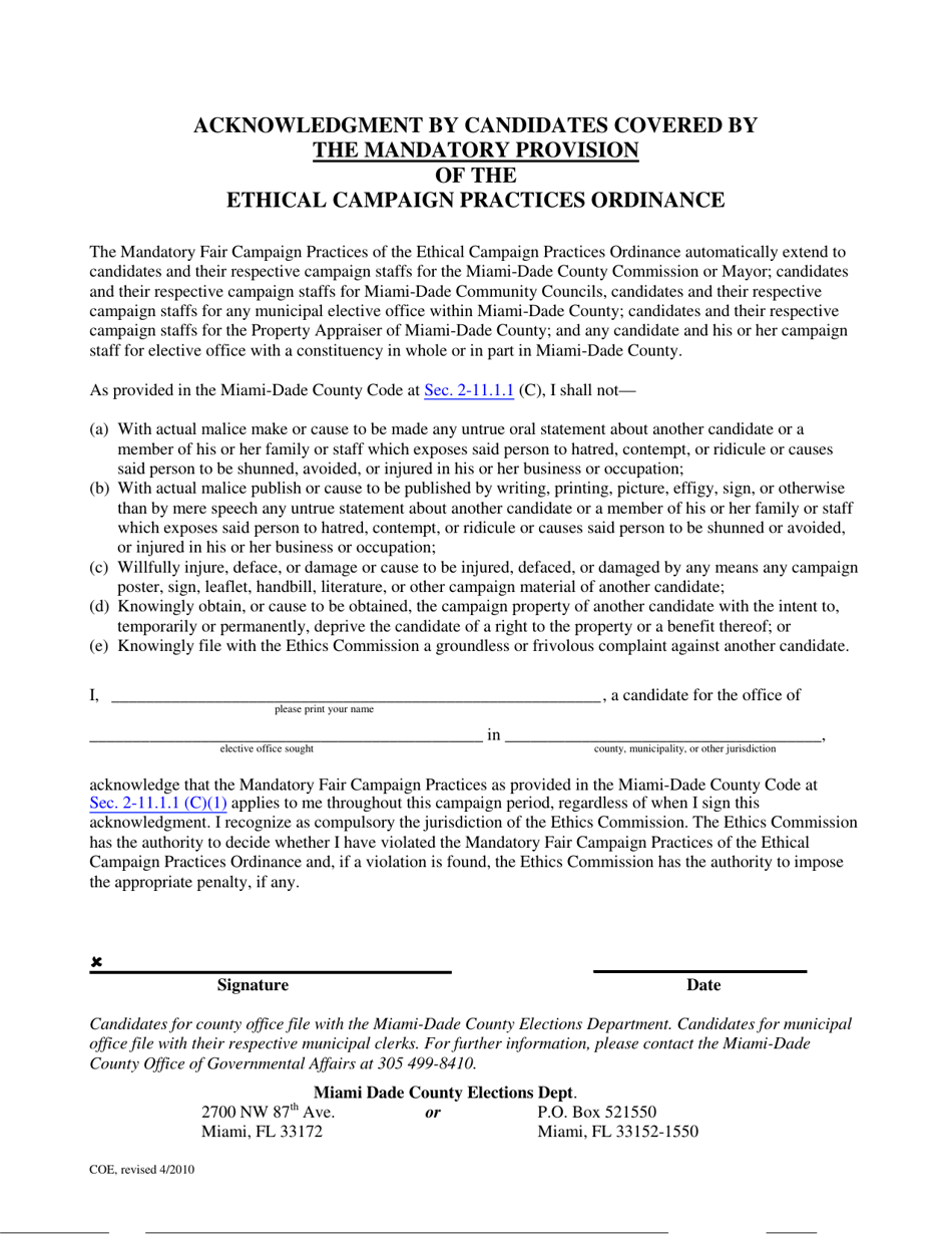 Acknowledgment by Candidates Covered by the Mandatory Provision of the Ethical Campaign Practices Ordinance - City of Miami, Florida, Page 1
