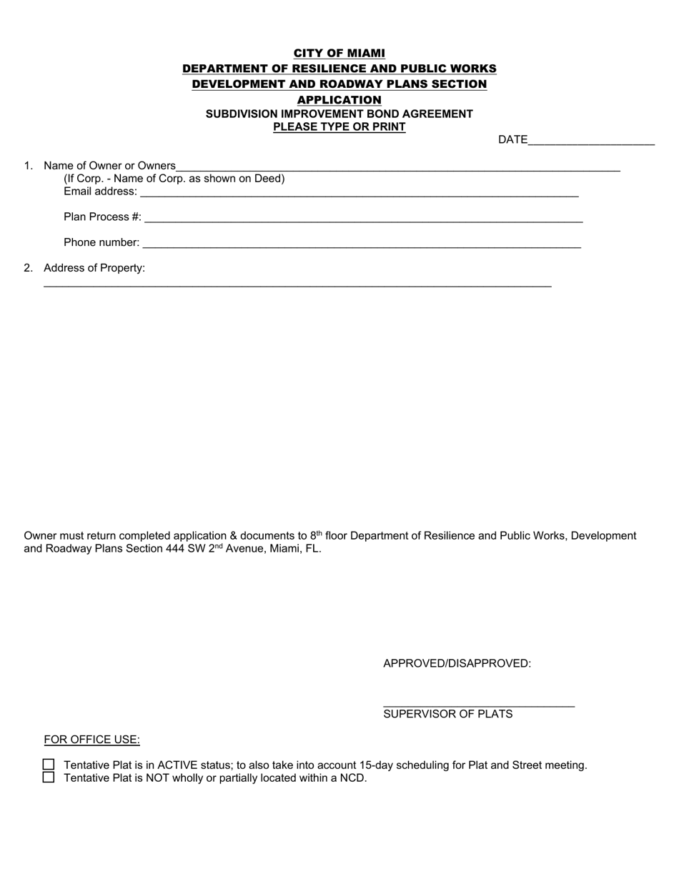Subdivision Improvement Bond Agreement Application - City of Miami, Florida, Page 1