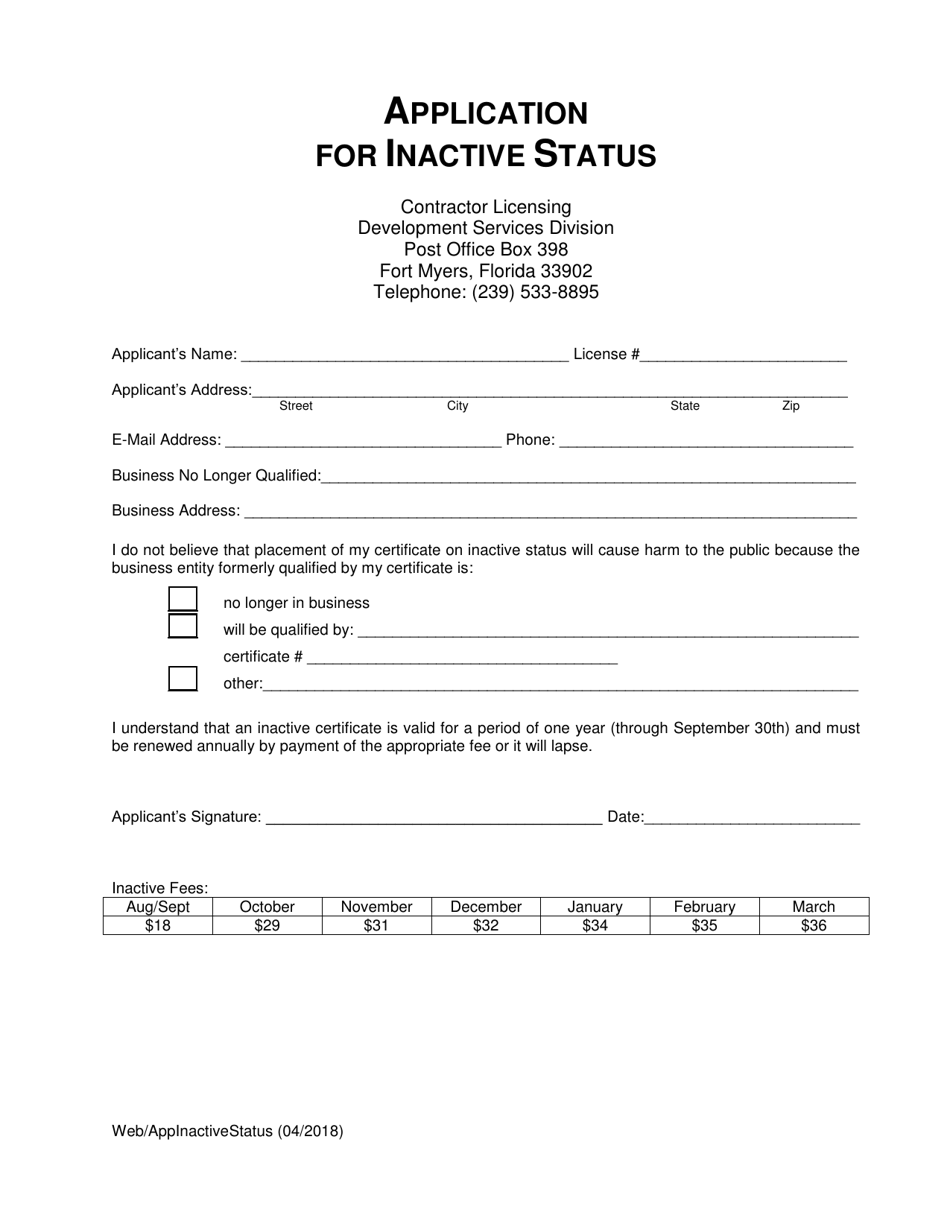 Application for Inactive Status - Lee County, Florida, Page 1