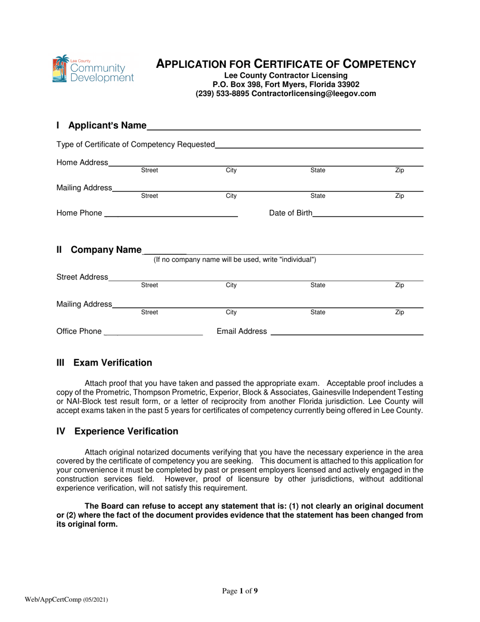 Application for Certificate of Competency - Lee County, Florida, Page 1