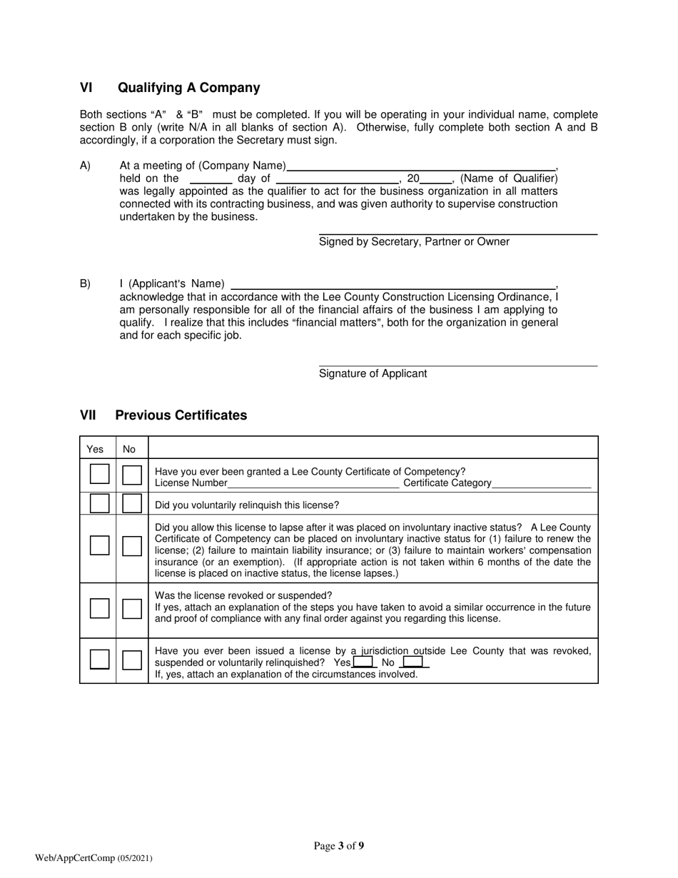 Lee County Florida Application for Certificate of Competency Fill