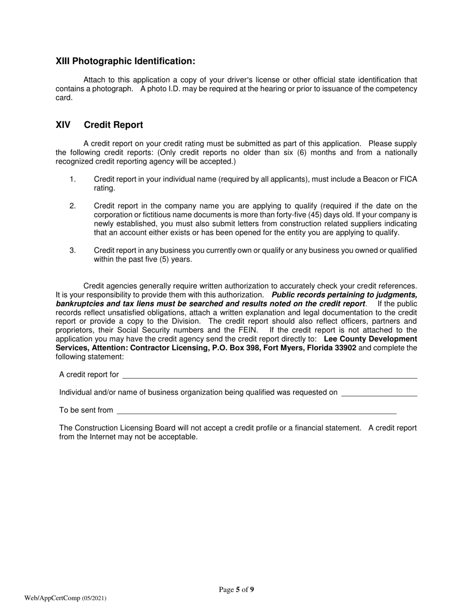 Application for Certificate of Competency - Lee County, Florida, Page 5