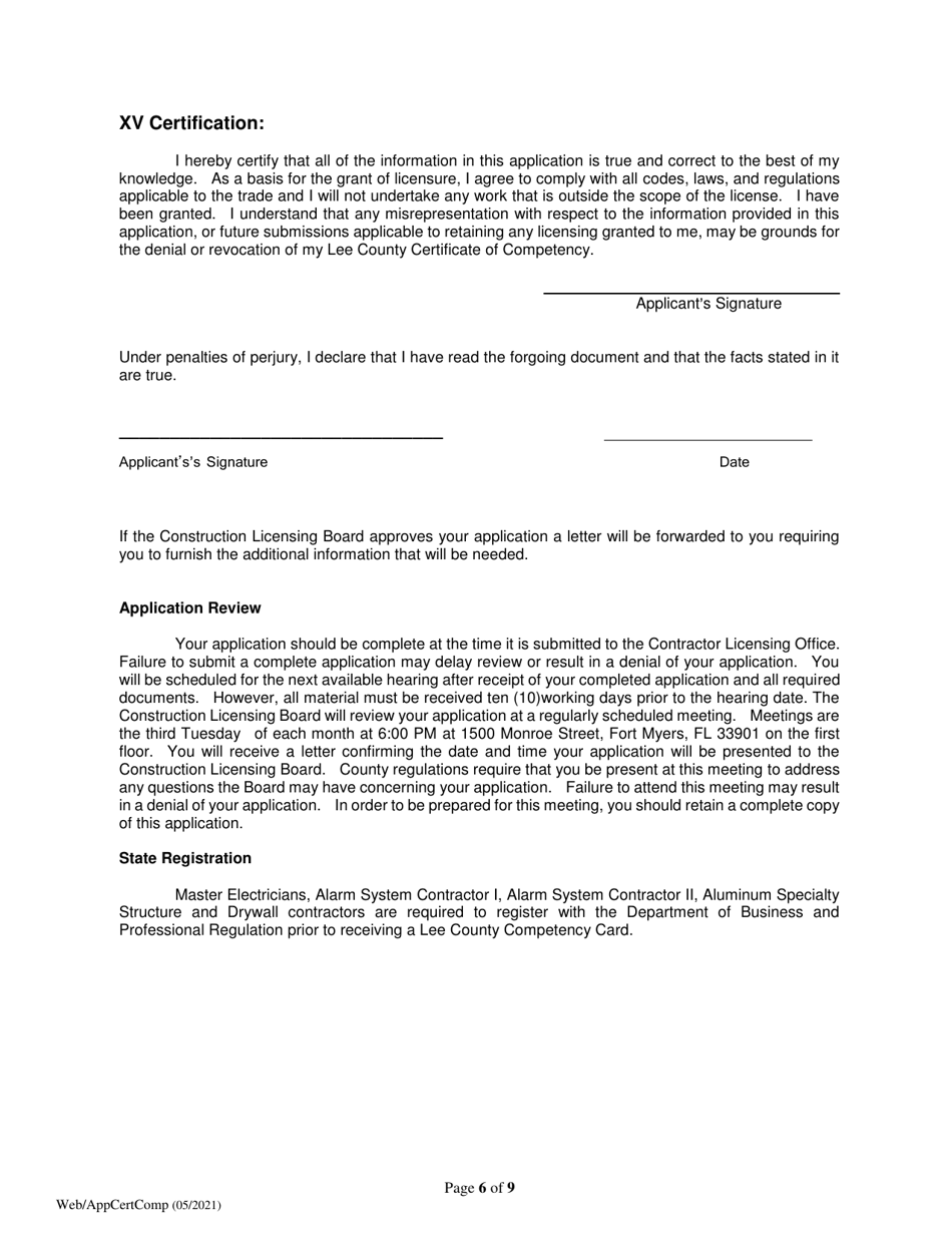 Application for Certificate of Competency - Lee County, Florida, Page 6