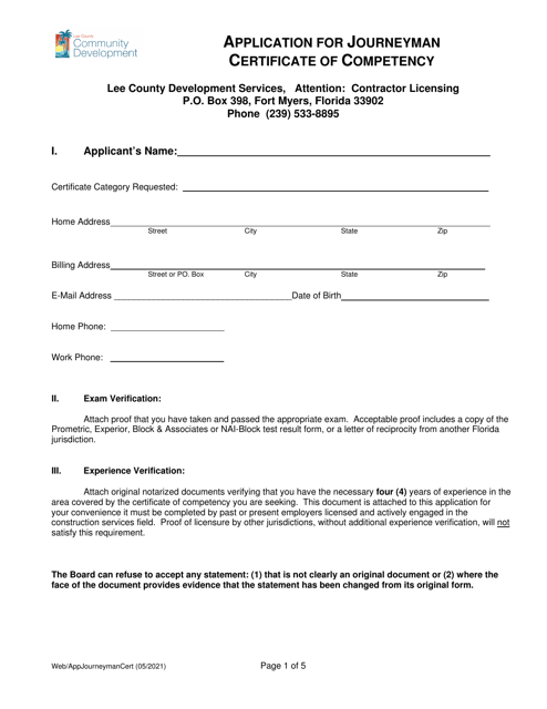 Application for Journeyman Certificate of Competency - Lee County, Florida Download Pdf