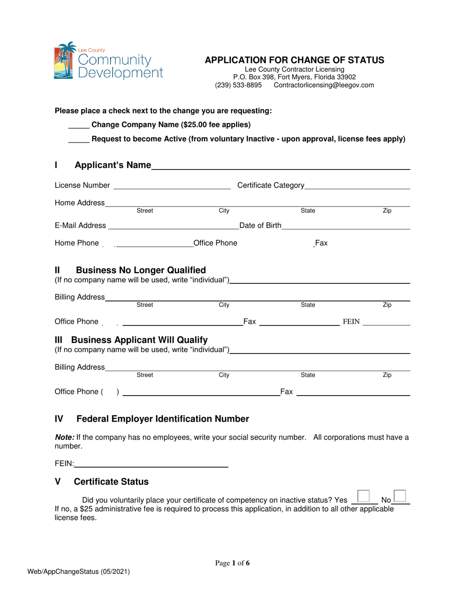 Application for Change of Status - Lee County, Florida, Page 1