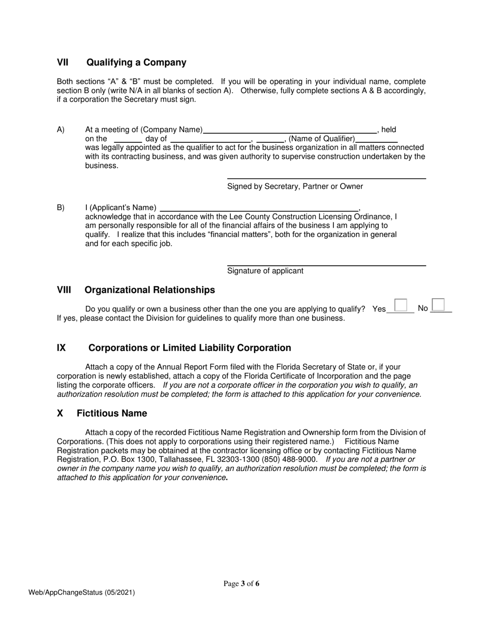 Application for Change of Status - Lee County, Florida, Page 3