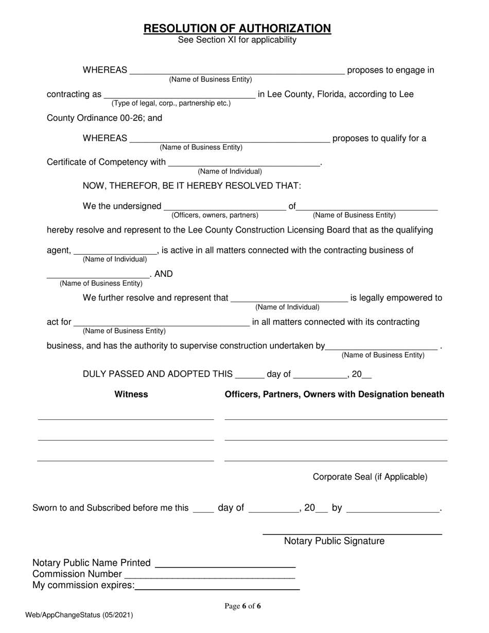 Lee County, Florida Application for Change of Status Fill Out, Sign
