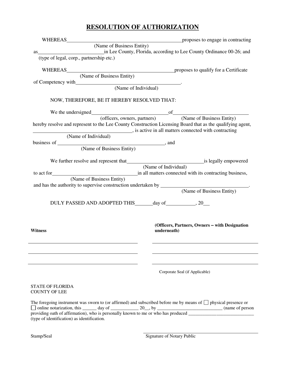 Resolution of Authorization - Lee County, Florida, Page 1