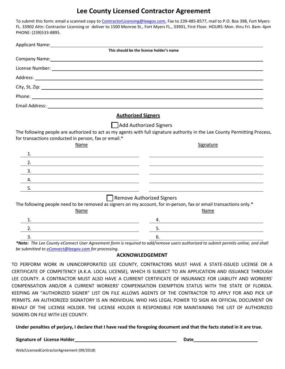 Lee County Licensed Contractor Agreement - Lee County, Florida, Page 1