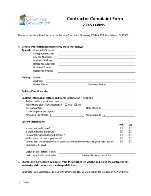Contractor Complaint Form - Lee County, Florida Download Pdf