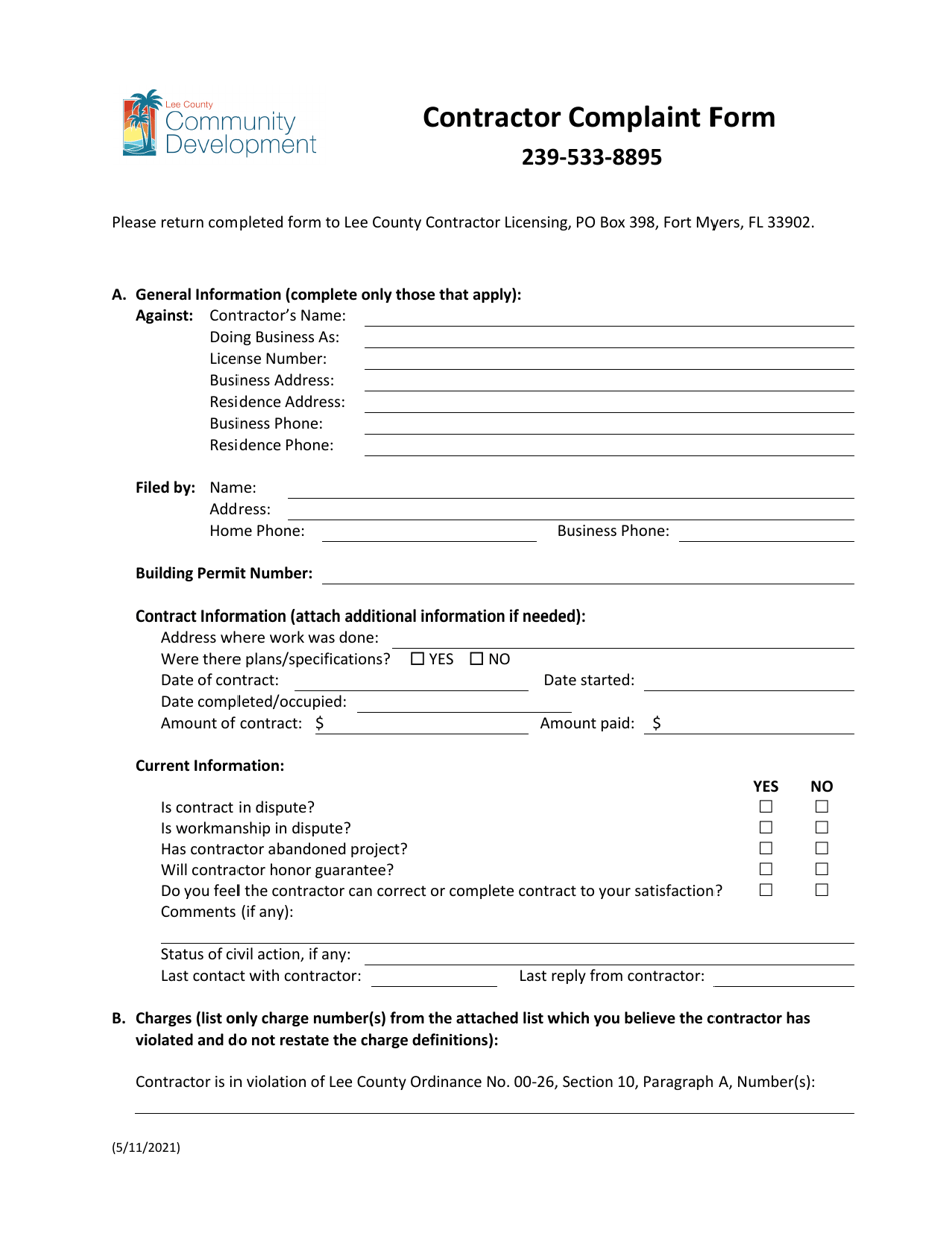 Contractor Complaint Form - Lee County, Florida, Page 1