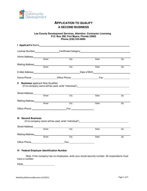 Application to Qualify a Second Business - Lee County, Florida Download Pdf