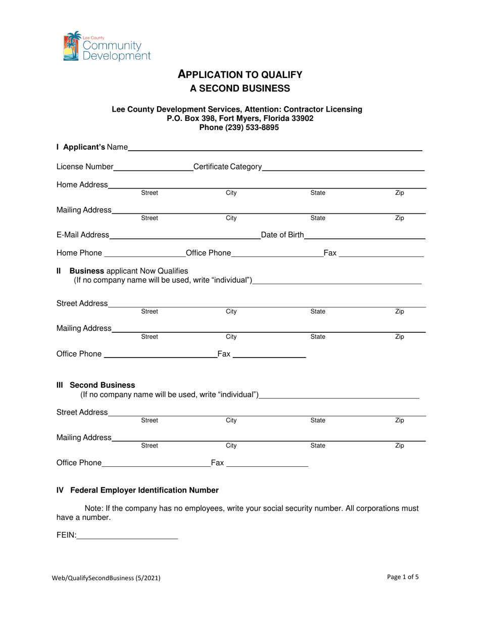 Application to Qualify a Second Business - Lee County, Florida, Page 1