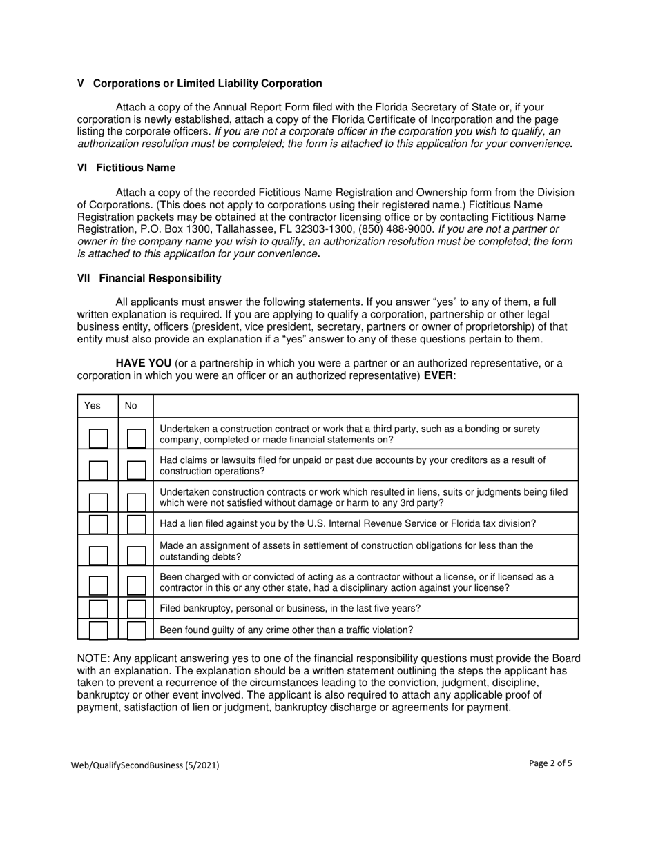 Application to Qualify a Second Business - Lee County, Florida, Page 2