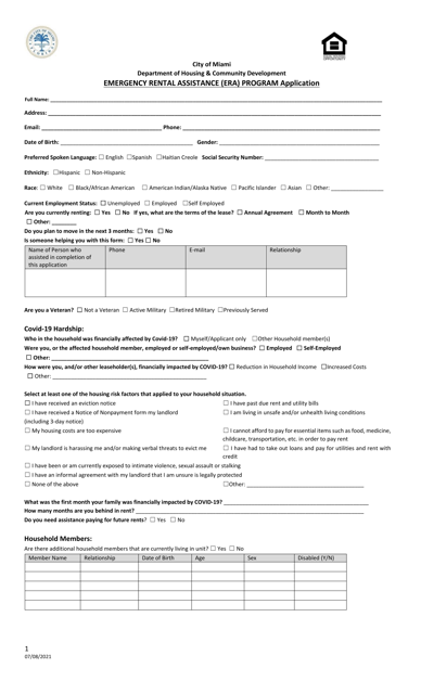Emergency Rental Assistance (Era) Program Application - City of Miami, Florida