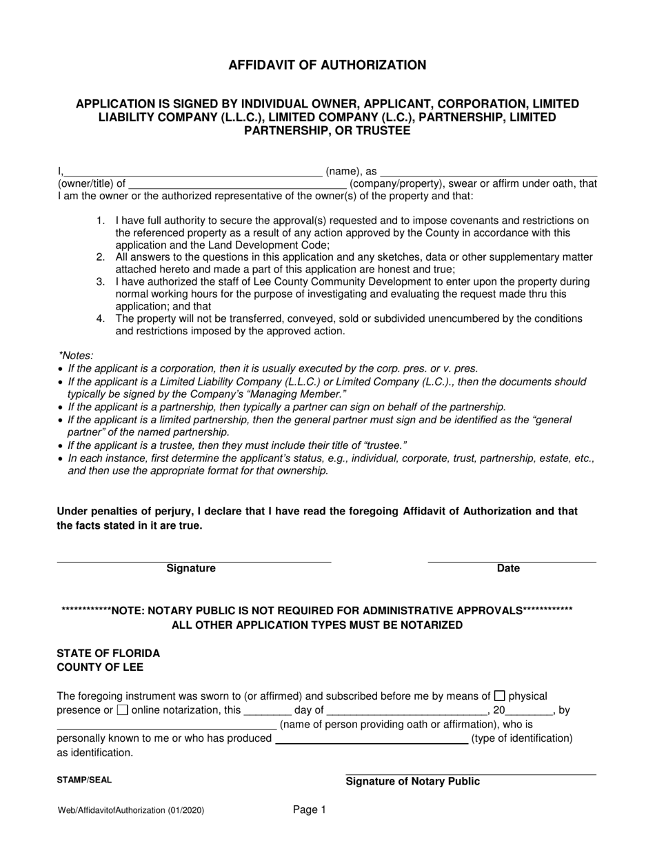 Lee County Florida Affidavit Of Authorization Fill Out Sign Online And Download Pdf 5231