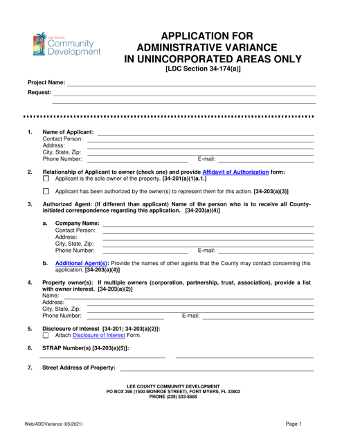 Application for Administrative Variance - Lee County, Florida Download Pdf