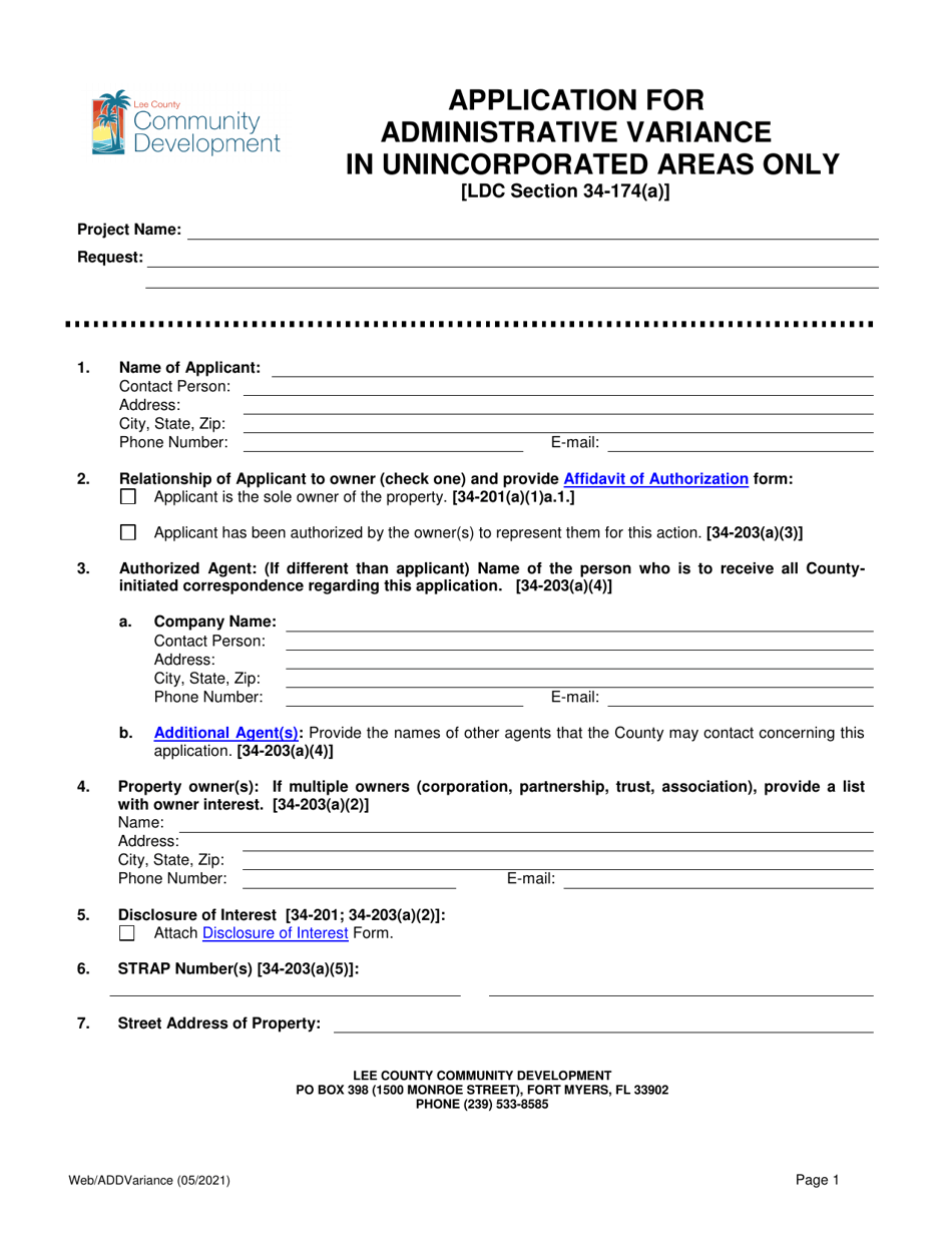 Application for Administrative Variance - Lee County, Florida, Page 1