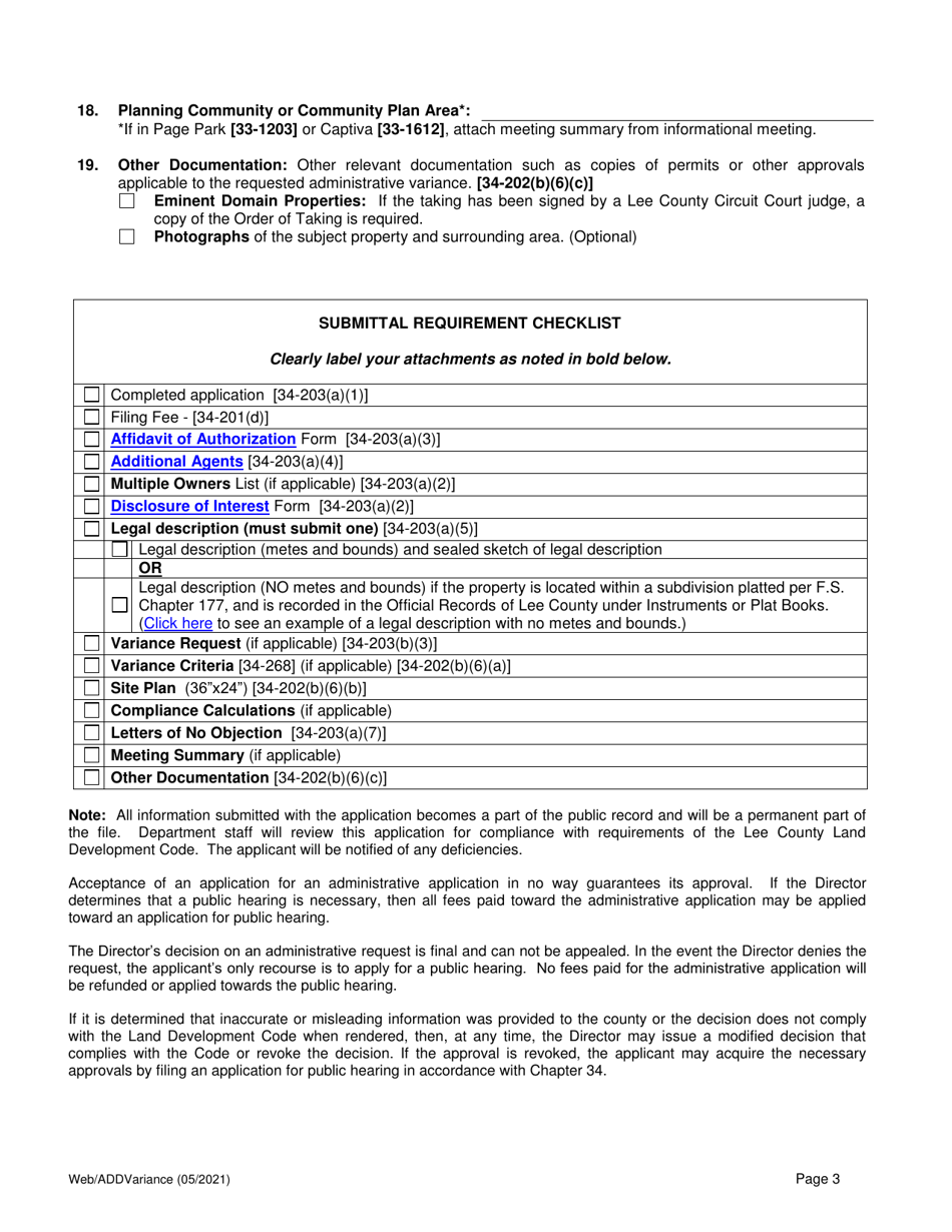 Application for Administrative Variance - Lee County, Florida, Page 3