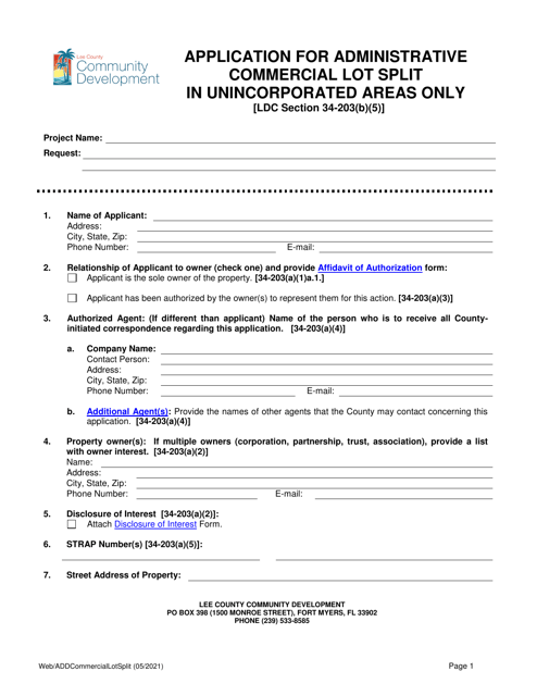 Application for Administrative Commercial Lot Split - Lee County, Florida Download Pdf