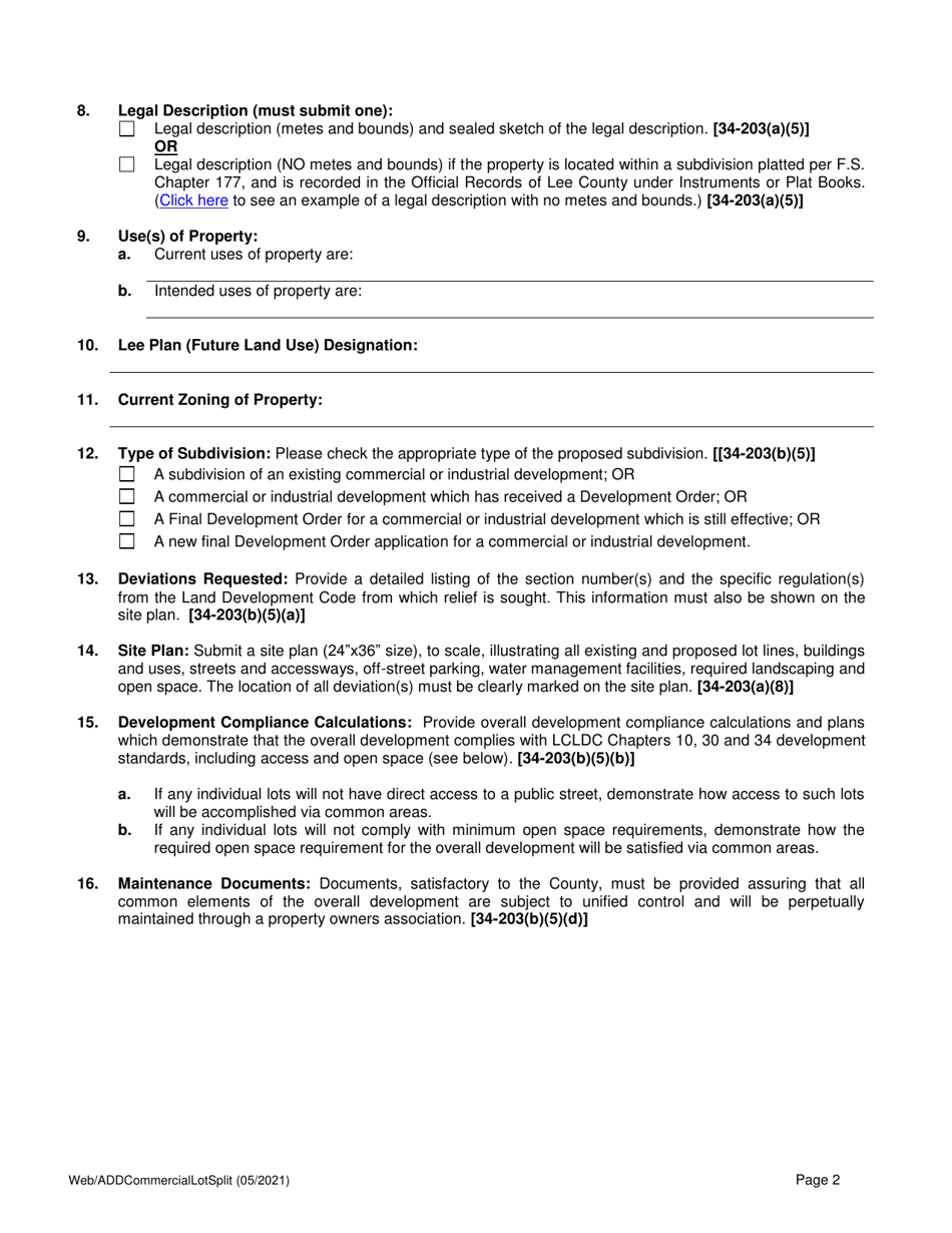 Application for Administrative Commercial Lot Split - Lee County, Florida, Page 2