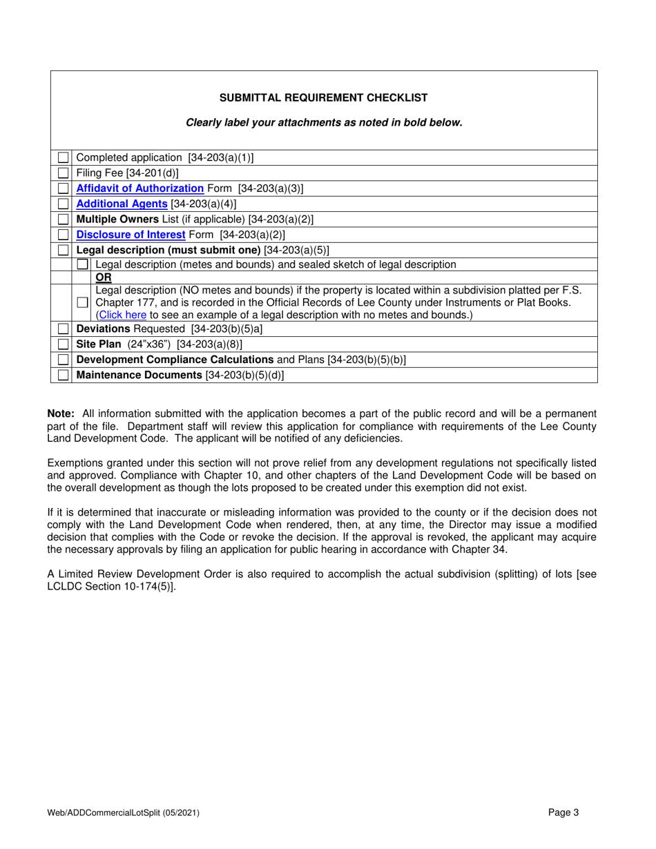 Application for Administrative Commercial Lot Split - Lee County, Florida, Page 3
