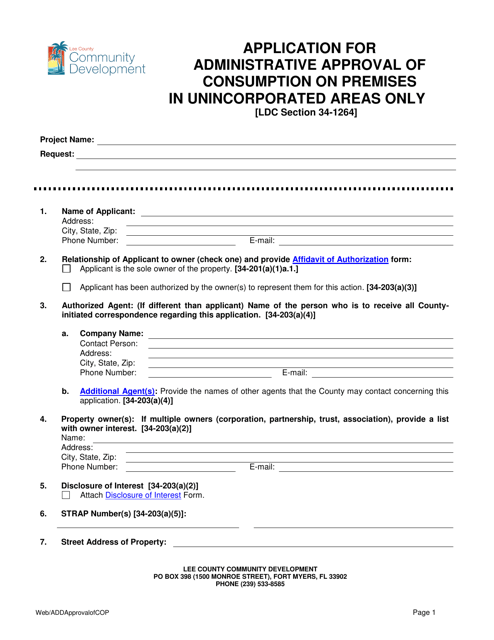 Application for Administrative Approval of Consumption on Premises - Lee County, Florida Download Pdf
