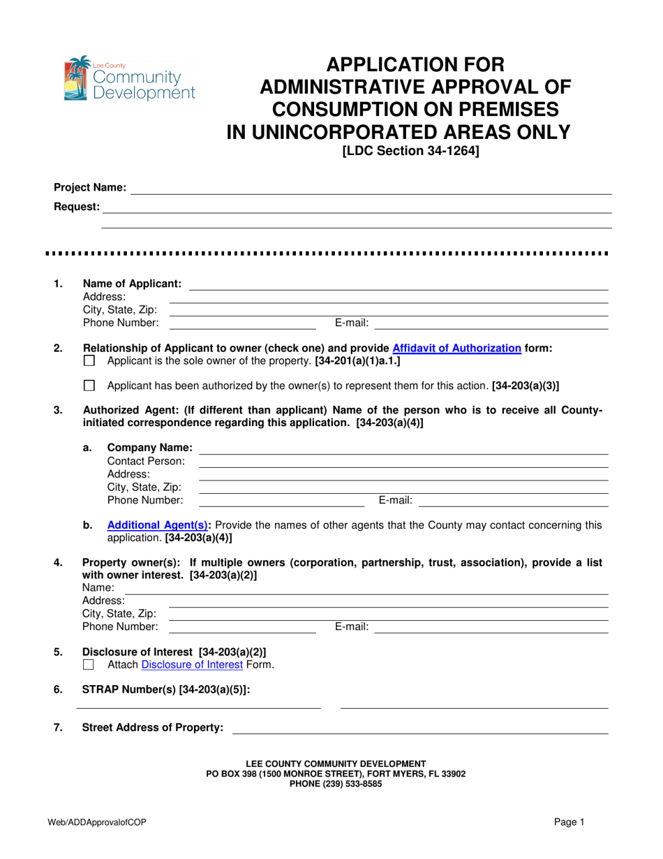 Application for Administrative Approval of Consumption on Premises - Lee County, Florida, Page 1