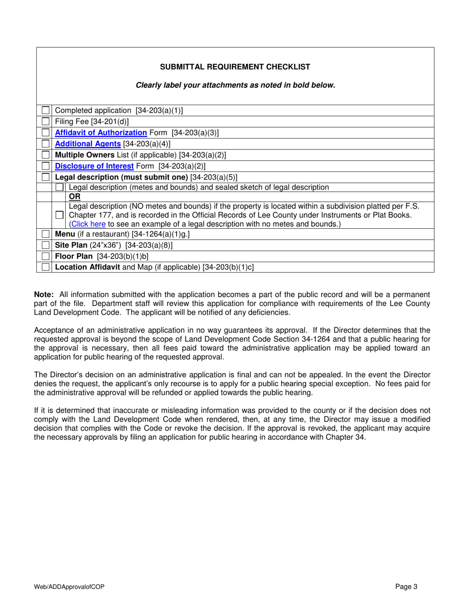 Application for Administrative Approval of Consumption on Premises - Lee County, Florida, Page 3