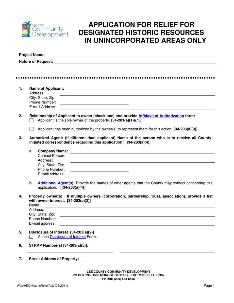 Application for Relief for Designated Historic Resources - Lee County, Florida, Page 1