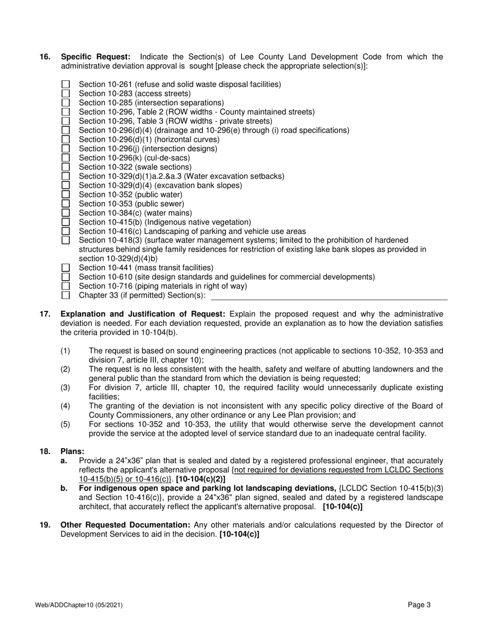 Application for Administrative Deviation From Chapters 10 and 33 - Lee County, Florida, Page 3