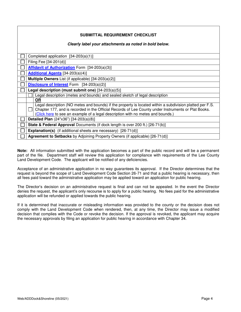 Administrative Application for Dock and Shoreline Structures - Lee County, Florida, Page 4