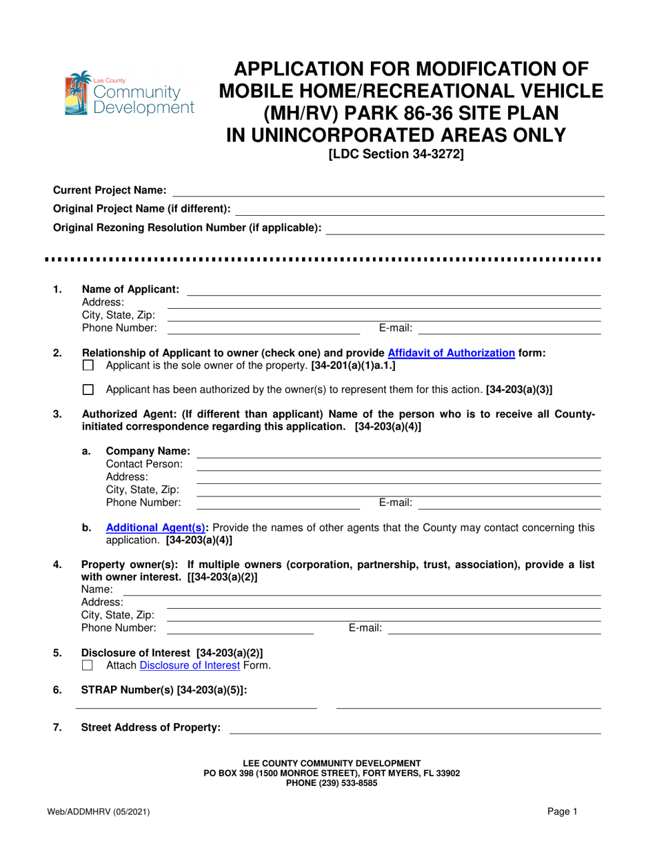 Application for Modification of Mobile Home / Recreational Vehicle (Mh / Rv) Park 86-36 Site Plan - Lee County, Florida, Page 1