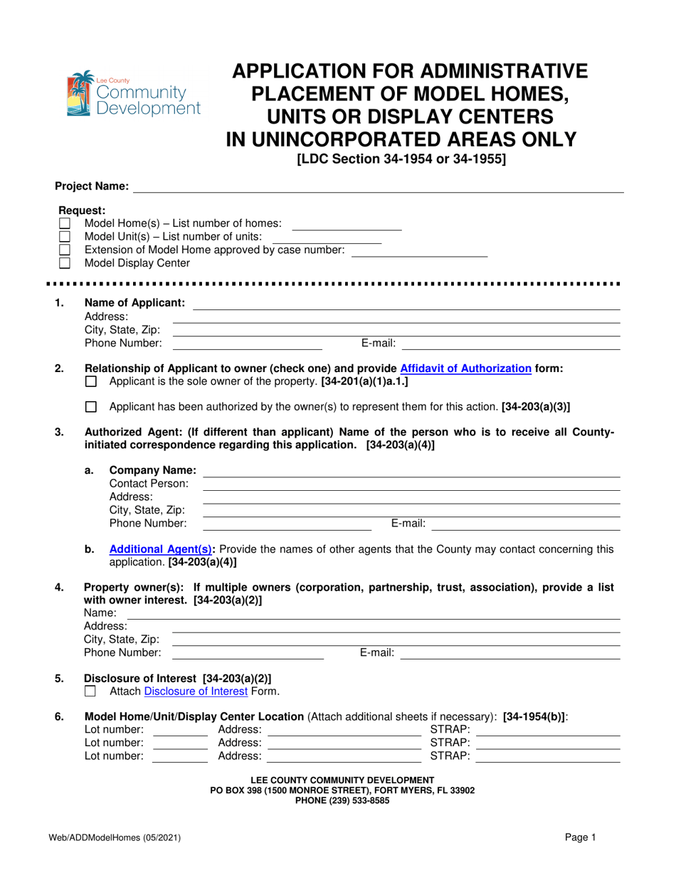 Application for Administrative Placement of Model Homes, Units or Display Centers - Lee County, Florida, Page 1