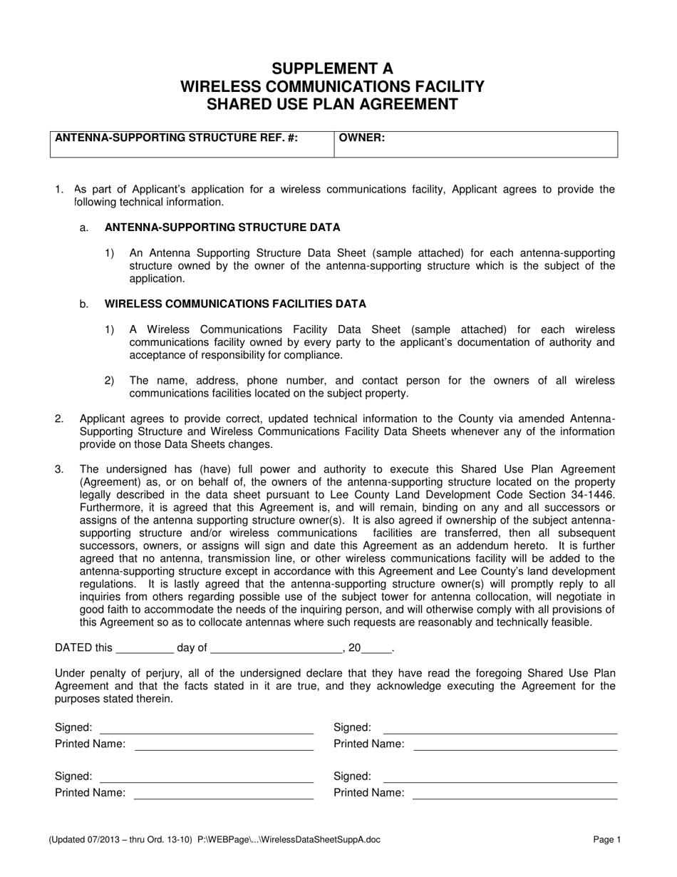 Supplement A Wireless Communications Facility Shared Use Plan Agreement - Lee County, Florida, Page 1