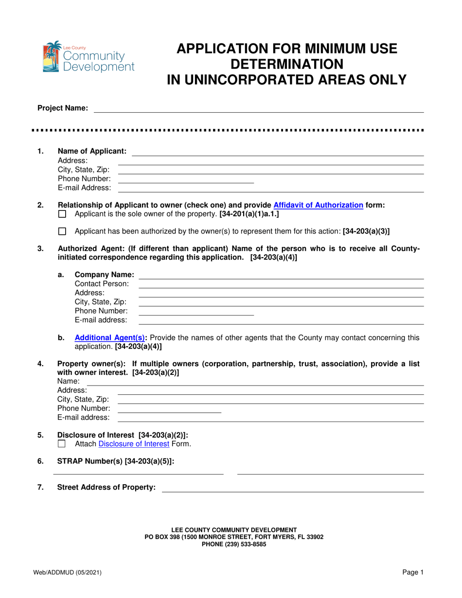 Application for Minimum Use Determination - Lee County, Florida, Page 1