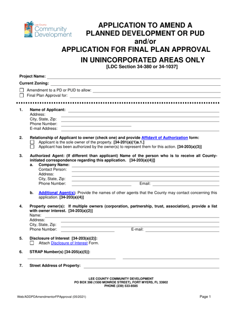 Application to Amend a Planned Development or Pud and / or Application for Final Plan Approval - Lee County, Florida Download Pdf
