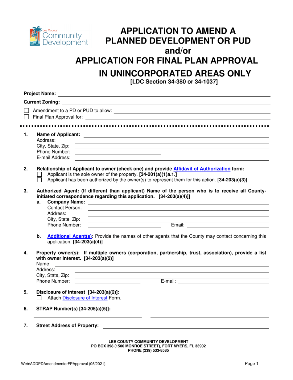 Application to Amend a Planned Development or Pud and / or Application for Final Plan Approval - Lee County, Florida, Page 1