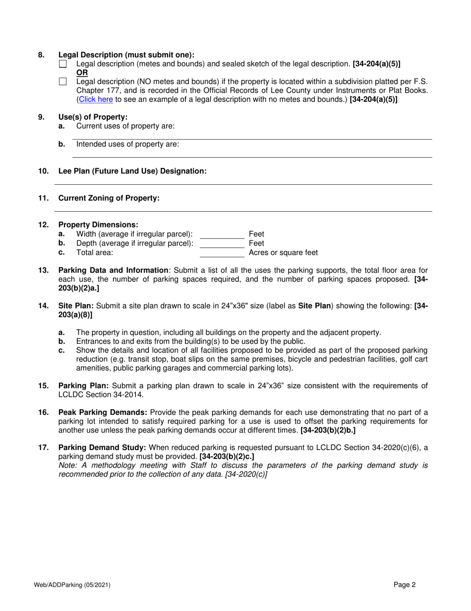 Application for Administrative Parking Variance - Lee County, Florida, Page 2