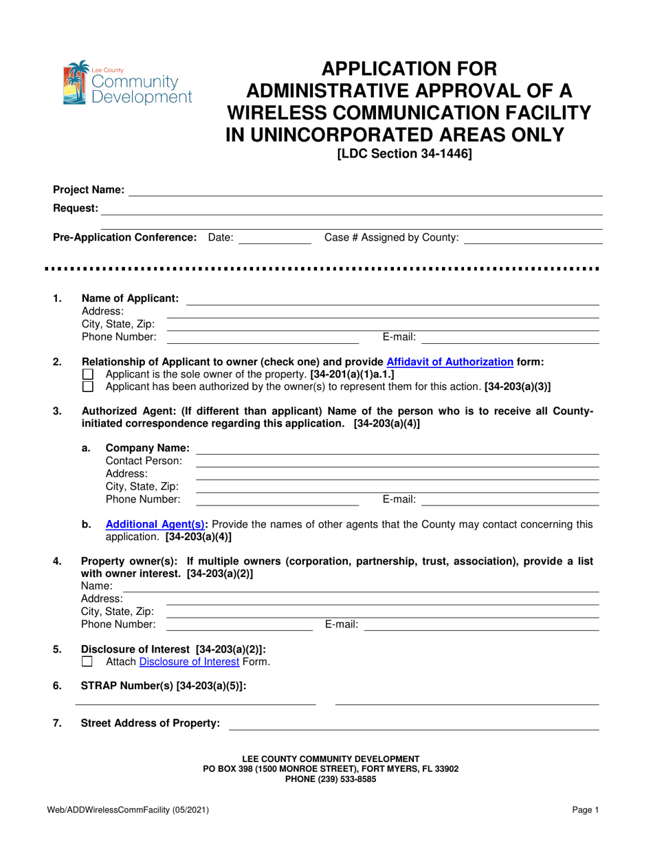 Application for Administrative Approval of a Wireless Communication Facility in Unincorporated Areas Only - Lee County, Florida, Page 1