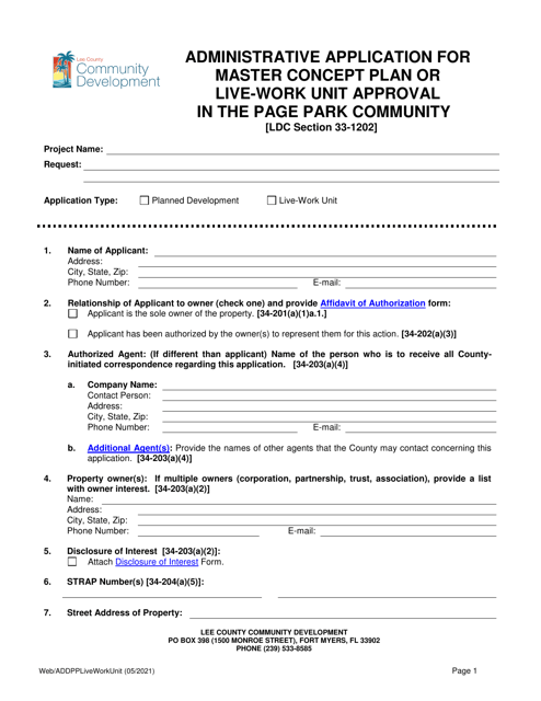 Administrative Application for Master Concept Plan or Live-Work Unit Approval in the Page Park Community - Lee County, Florida Download Pdf