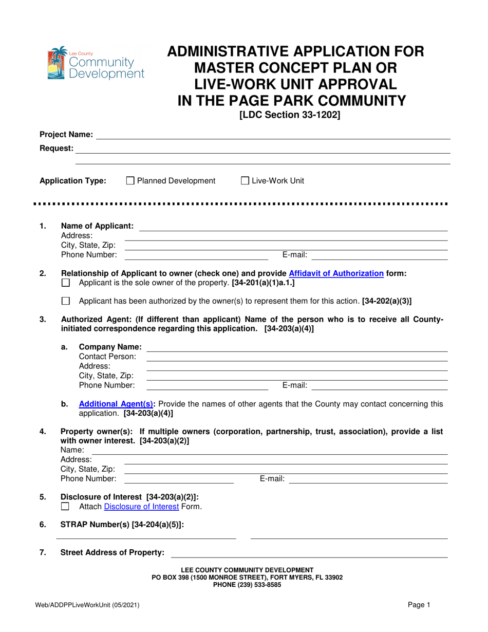 Administrative Application for Master Concept Plan or Live-Work Unit Approval in the Page Park Community - Lee County, Florida, Page 1