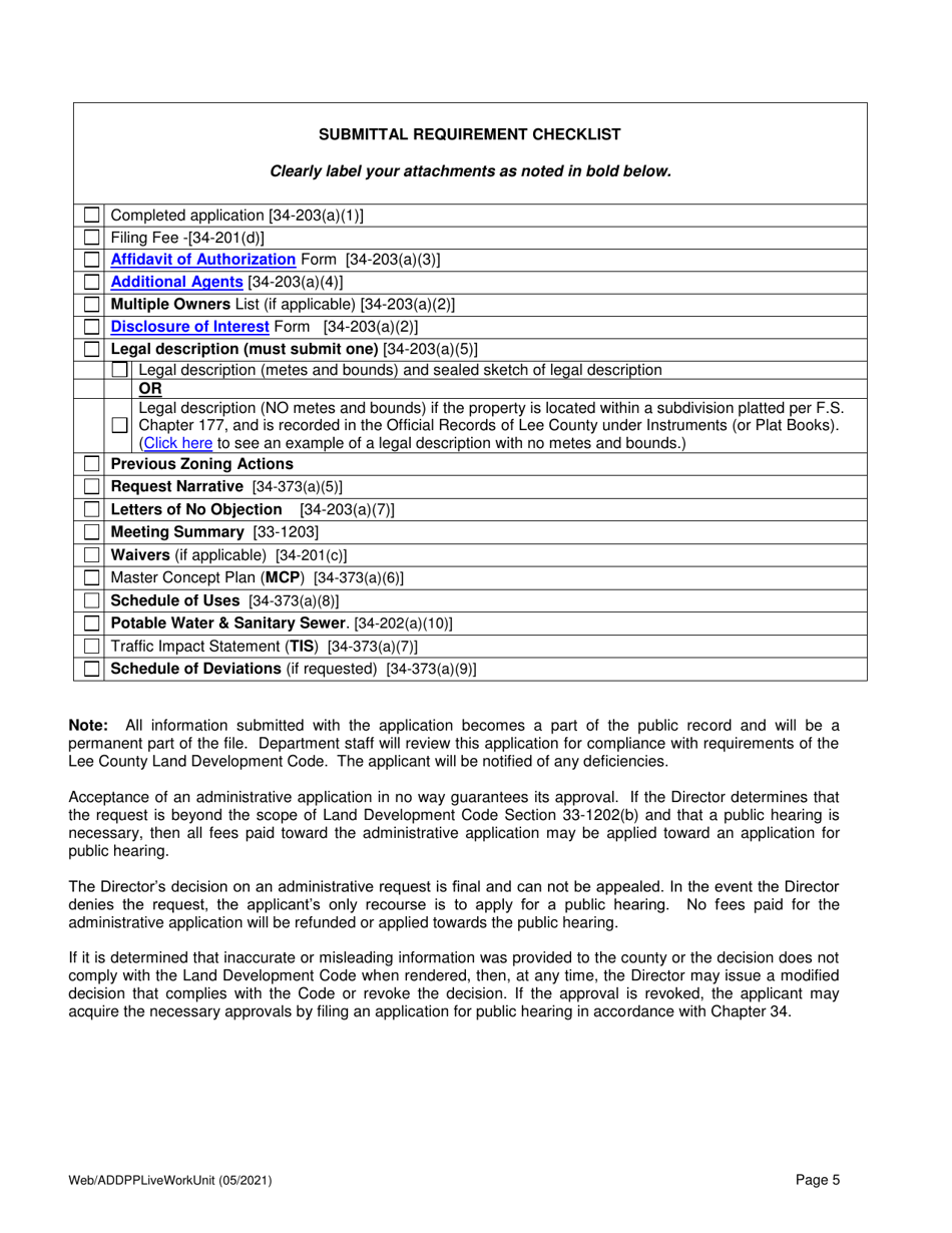 Lee County, Florida Administrative Application for Master Concept Plan